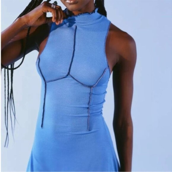 Urban Outfitters | UO Deja Seamed Mini Dress Sleeveless Ribbed Blue New Medium - Picture 8 of 15